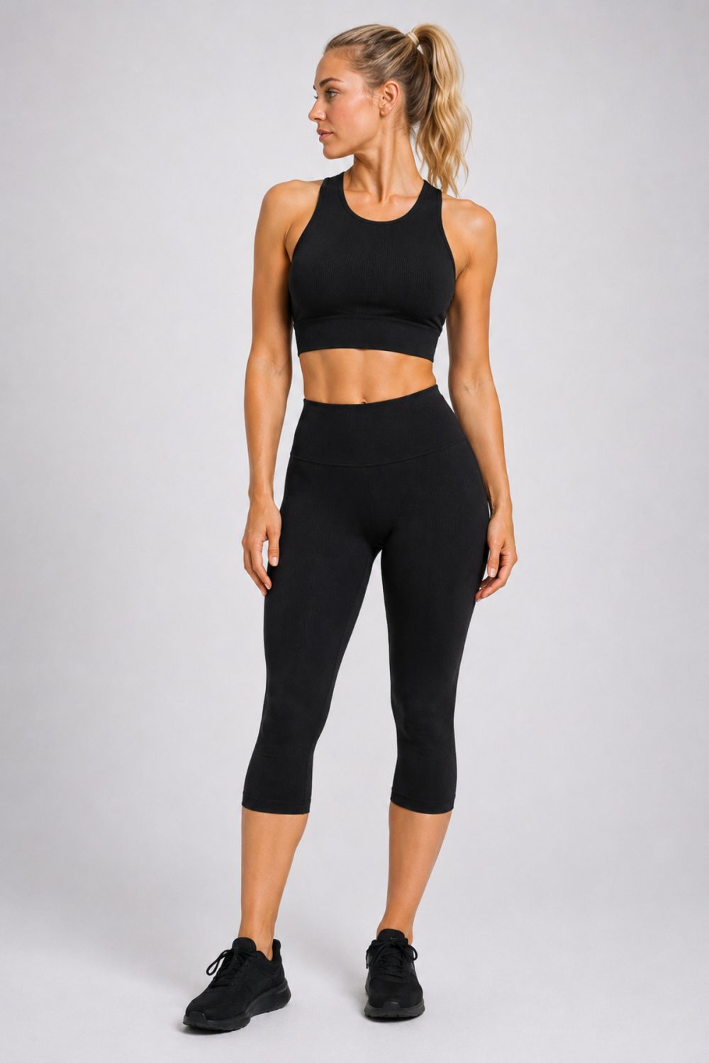 Kadın Spor Takım Polyamid Capri Tayt Büstiyer Seti Günlük ve Fitness Kullanım
