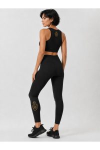Kadın Siyah Hamsa El Baskılı Yüksek Bel Toparlayıcı Tayt Crop Top Spor Takım Yoga Pilates Fitness Takımı