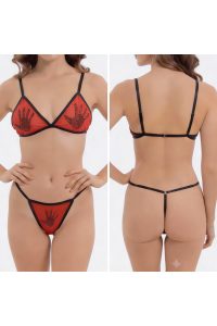 Kırmızı Transparan Taş İşleme El Motifli Bralet & String Sütyen Külot Takım