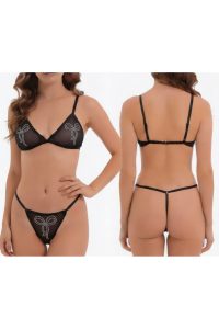 Siyah Transparan Taş İşlemeli Kurdela Motifli Bralet & String Sütyen Külot Takım