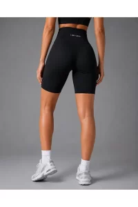 Kadın Siyah Yüksek Bel Biker Spor Tayt Şort – LIMITLESS Reflektör Baskılı Polyamid Fitness Yoga Pilates Koşu Taytı